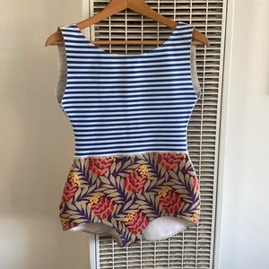 Seea. Lido surf suit. Blue & white stripe top. Multi floral bottom. Size large.